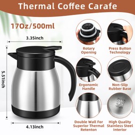 Norme 2 Pcs Thermal Coffee Carafe Insulated Stainless Steel Coffee Carafe for Hot Liquid Vacuum Thermal Pot Creamer Pitcher Dispenser with Brushes Keeping Hot Water Milk(Silver,17 oz)