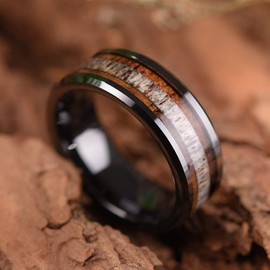 THREE KEYS JEWELRY Mens Wedding 8mm Basic Qualo Polished Rings with KOA Wood & Antler Inlay Bands for Men Him Dad Black Dome Ceramic Ring Size 7.5