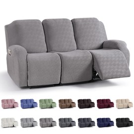 KinCam Recliner Covers, Stretch Reclining Chair Covers, Recliner Sofa Slipcovers Stripe Jacquard Recliner Couch Covers Furniture Protector Covers for Pet Kid (3 Seater, Light Gray)
