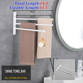 GERZWY Bathroom Hand Towel Rack 3-Bar Folding Arm Swivel Hanger Wall Mount Bath Towel Holder Stainless Steel Swing Out Towel Bar, White