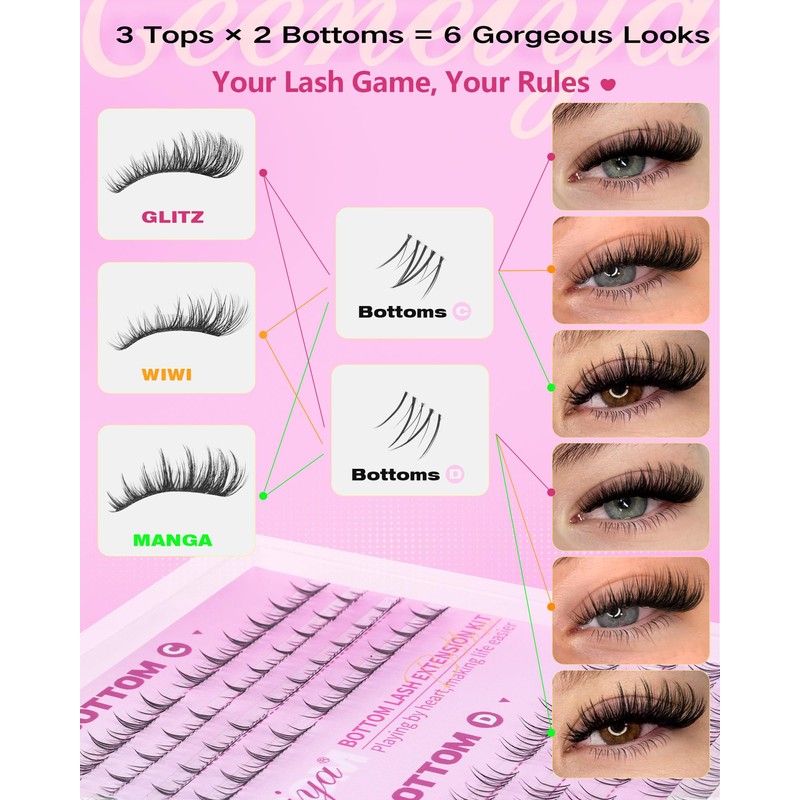 5 Styles Lash Clusters Kit, GLITZ/MANGA/WIWI/BOTTOM Cluster Eyelash Extensions, 3D