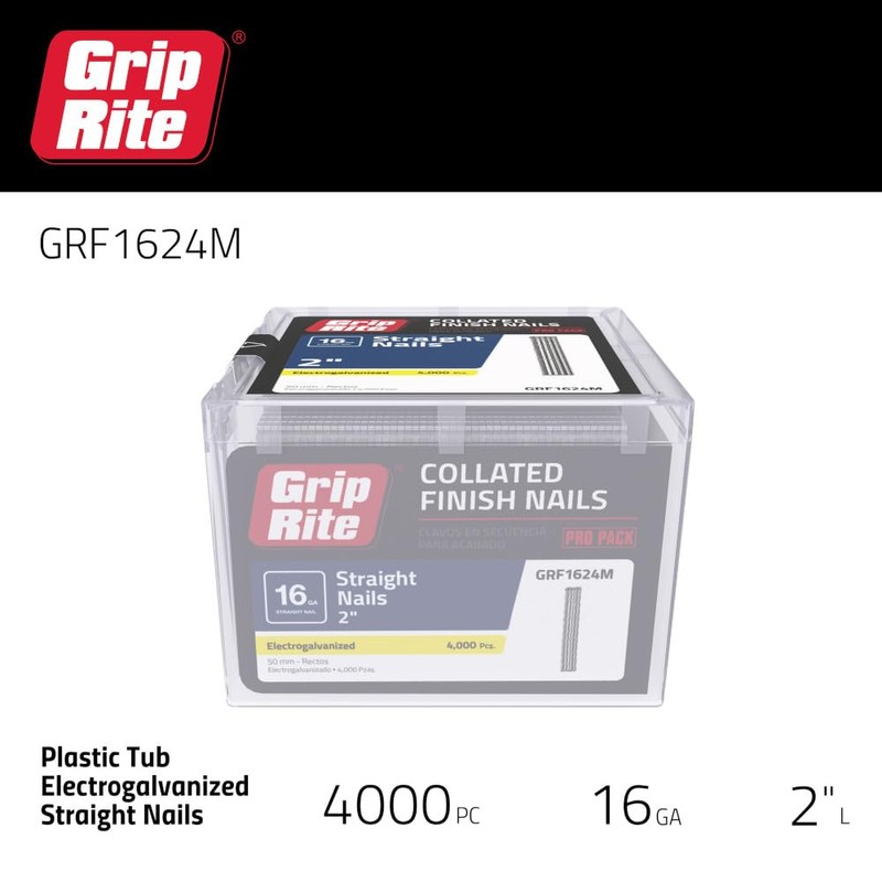 Grip-Rite GRF1624M, Collated Finish Nail 16GA, 2", Galvanized, 4,000 Nails,