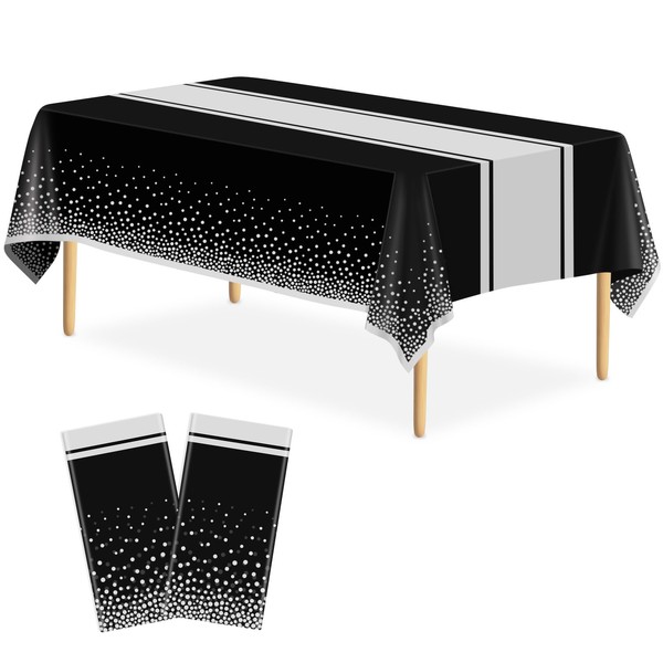 LIKAJON 2 Pack Black and Silver Tablecloth Party Decorations Plastic