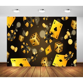 Loccor 9x6ft Fabric Casino Poker Backdrop Golden Playing Cards Dices and Coins Photography Background for Casino Birthday Party Decorations Photo Studio Props