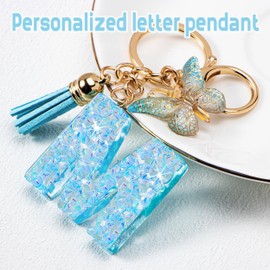 New Fashion Kingdom Initial letter Keychains for Women Girls Tassel Butterfly Cute Car Keychain for Wallet Backpack bag charm accessories (M-Blue Dream Butterfly)