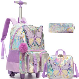HTgroce Kids Rolling Backpack with Wheel,School Backpack for Kids Girl Roller Schoolbag Wheeled Backpacks Set Carry-on Luggage,Purple