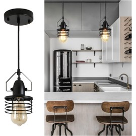 Industrial Black Pendant Light - Rustic Metal Cage Hanging Lamp for Kitchen Island, Dining Room, Bedroom - Modern Farmhouse Lighting Fixture Barn Farmhouse, Spring Shade, E26 Bulb(Industrial)