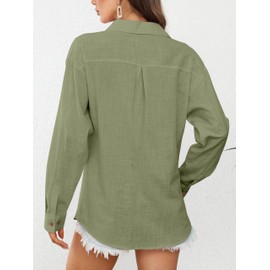 Olive Green Shirts for Women Muslin Button Down Shirt Woman's Linen v Neck Long Sleeved Tops Beachy Gauzy Basics Baggy Breathable Thin Classy Cruise Vacation Swimwear Stonewashed Army Green Size XXL