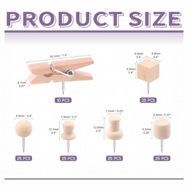 Pack of 135 Push Pins Wood, Natural Wood Push Pins with Storage Box, 6 Styles, Push Pins, Clips and Tacks, Thumbtacks for Cork Board, Map, Photos, Crafts