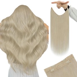 YoungSee Wire Hair Extensions Human Hair Platinum Blonde Invisible Transparent Fish Line Real Hair Extensions Blonde Wire Extensions Real Human Hair Straight 14Inch 80G