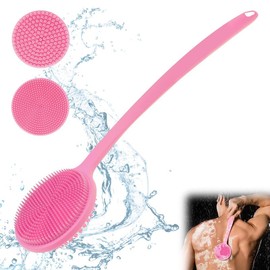 Silicone Back Scrubber for Shower, New Update Bath Body Double Sided Brush with Long Handle for Shower Exfoliating and Massage Can Produce More Rich Foam for Men and Women - Color: Pink