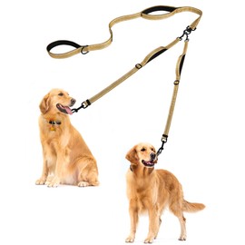 PetBonus Double Dog Leash, No Tangle Dual Leash, Reflective Walking Training Lead, 4 Comfortable Padded Handles for 2 Dogs with Collapsible Bowl and Waste Bags (Light Khaki, Large)