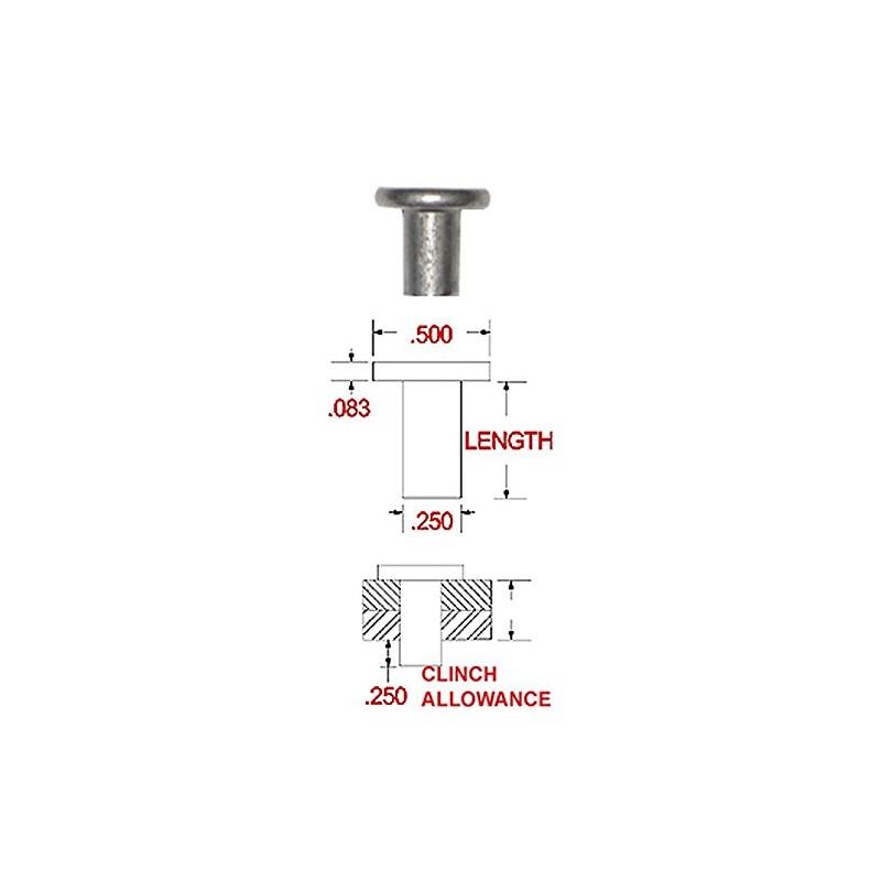1/4 Dia X 1-1/2 Length Solid Steel, Flat Head Rivet,