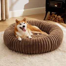 Bedsure Donut Large Dog Bed - Washable Faux Fur with Corduroy Fleece & Anti Slip Bottom, Round Pet Bed with Removable Cover, Copper Brown, 36x36x10 inches