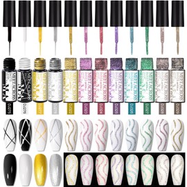 MEET ACROSS Gel Liner Nail Art 12 Pieces 5ml Gel Art Liners for Nails Black White Silvery Golden Reflective Glitter Painting Striping Gel Polish with Build in Thin Brush UV Soak off Curing Needed