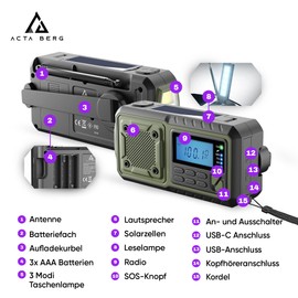 Acta Berg Kurbelradio | Notfallradio mit Kurbel & 5000 mAh Akku | Solar Radio mit Weltempfänger | Handkurbel Blackout Notfallausrüstung | Als Taschenlampe & Ladegerät, AM/FM/SW, mit USB, Grün