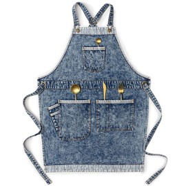 Jeanerlor - Denim Work Women's Apron with Convenient Pockets - Jean Apron for Hairstylist Cross Straps & Adjustable S to M (Denim Blue)