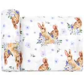 LifeTree Baby Swaddle Blankets, Muslin Swaddle Blankets Boys Girls Swaddling Wrap Receiving Blanket, 70% Viscose from Bamboo and 30% Cotton, Large 47" x 47", Purple Floral and Rabbit Pattern