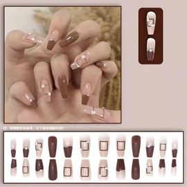 [ALLEVG] Nail Tips, 24 Pieces, Long 3D, Fall & Winter, Premium Square Diamond, Bloom, Brown, Nail Tip, Popular, Japanese, Cute, Simple, Stylish, Coming of Age of Art, School Entrance Ceremonies,