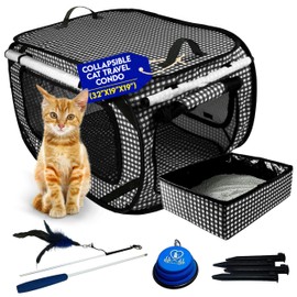 Pet Fit For Life Extra Large Cat Carrier for Travel - Foldable & Portable Collapsible Kennel with Litter Box, Feather Toy & Water/Food Bowl - Ideal for Cars, Long Trips & Indoor Cats - Black Checkers