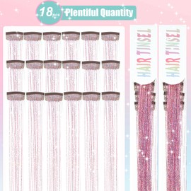 18pcs Hair Tinsel Clip in Hair Tinsel Kit Glitter Tinsel Hair Extensions 20Inch Sparkling Fairy Hair Tinsel Shiny Hair Accessories for Women Girls Kids (Pink)