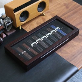 Besforu Watch Band Organizer Case for Men or Women Holder 10 Watch Band, Wooden Watch Band Storage Box with Real Glass Window