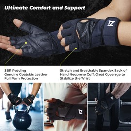 OOZi Fingerless Workout Gloves for Men Women with Wrist Wrap Support for Weight Lifting, Gym, Workout, Exercise, Fitness Training, Durable Genuine Leather Palm Grips (M)