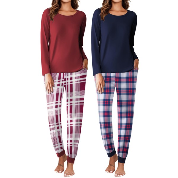 Ekouaer 2 Pack Womens Pajamas Set Long Sleeve Sleepwear Top