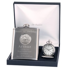 Engraved 50th Birthday Pewter Horse Racing Feature Pocket Watch and Hip Flask Gift Set in a Quality Box