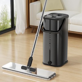 SWIFTIRON Flat Mop and Bucket for Home with Extra Refills, Stainless Steel Mop and Bucket with Wringer, Hands-Free Mop, Wet and Dry Use Mop with Long Handle (Black)