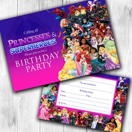 Princess & Superhero Party Invitations & Envelopes Birthday Invites (WRITE ON) Packs. (20 Invites & Envelopes)