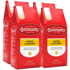 Community Coffee Coffee and Chicory Blend Coffee, Medium Dark Roast Ground Coffee, 32 Ounce Bag (Pack of 4)