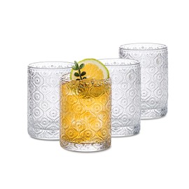 INSETLAN Glass Cups Vintage Glassware Set of 4, Embossed Pattern Style Transparent Cocktail Glasses Set With Straw and Coaster, Romantic Water Glasses, Bar Beverages Ice Coffee Cup Juice (Small)