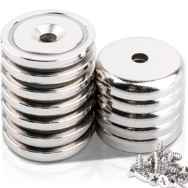 36 mm Super Strong Neodymium Magnets, Strong Magnets with Round Base and Holes, Pack of 12 Rare Earth Magnets Pot Magnet with Countersunk Holes and Screw for Kitchen Crafts, Wood, Hanging Tools