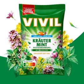 VIVIL Herbal Mint with 23 Herbs, 1 Bag, Cough Drops with Herbal Flavour, No Sugar & Vegan, 1 x 120 g