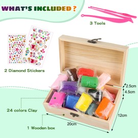 Wooden Treasure Chest Craft Set with 24 Colours, Air-Dry Clay Gemstone Sticker, Pirate Treasure Chest for Painting, Wooden Box, Jewellery Box, Gift for Boys, Girls, Party, Birthday