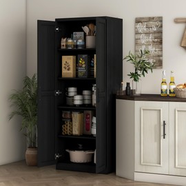 HOMCOM 63" 2-Door Kitchen Pantry, Freestanding Storage Cabinet with 5-Tier Shelving and 2 Adjustable Shelves for Dining Room, Black Wood Grain
