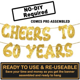 Cheers to 60 Years - Happy 60th Birthday Party Glitter Banner - 60th Birthday Party Decorations and Supplies - 60th Wedding Anniversary Decorations, Pre-strung - No DIY required