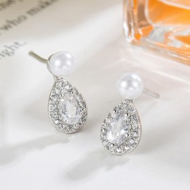 Pearl Earrings for Women, Small 14k Gold Pearl Earrings Cubic Zirconia Dangle Earrings for Women Hypoallergenic Gold Pearl Dangle Earrings Charm Jewelry Wedding Earrings for Brides