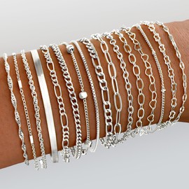 16 PCS Gold Bracelets for Women, Dainty Bracelets Set for Women Trendy, Gold Stackable Cuban Link Paperclip Chain Bracelet Pack Jewelry Gifts for Women ﻿