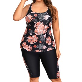 Daci Orange Floral Women's Plus Size Tummy Control Tankini Swimsuits Athletic Two Piece Bathing Suits with Shorts Knee Length 2025 16W