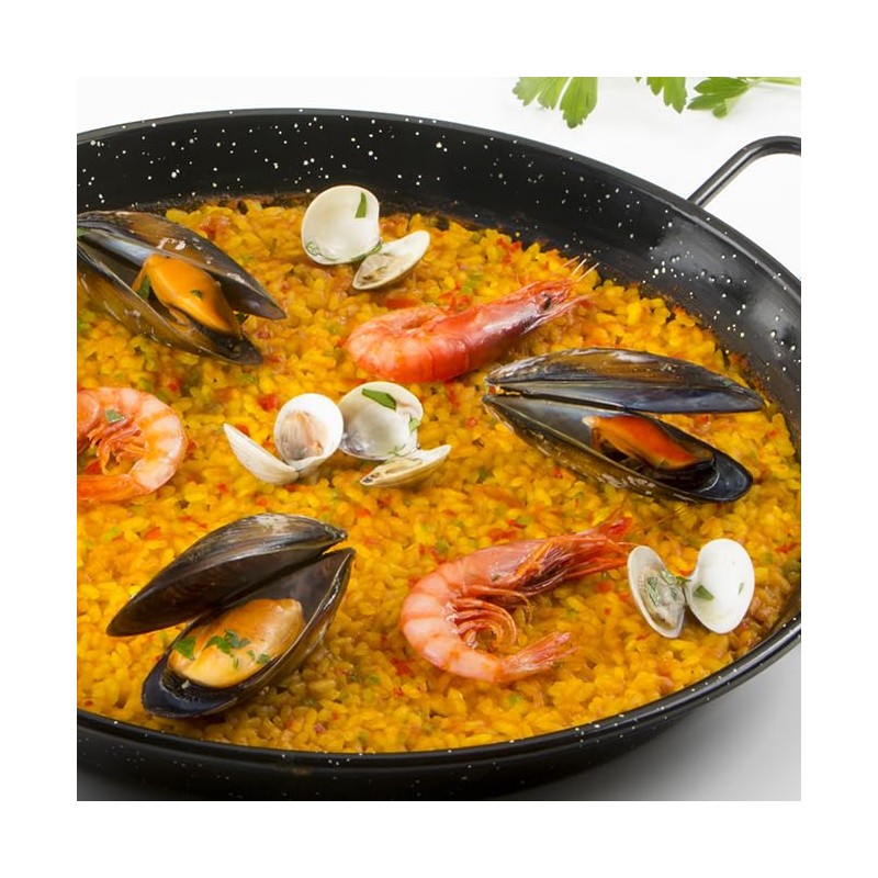 Carmencita. Seafood Paella. Dehydrated Broth with Saffron. Hotel size. 750g