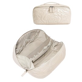 Popvibe Open Flat Makeup Bag Travel Cosmetic Case for Women, Large Capacity Toiletry Travel Bag with Zipper, Portable Aesthetic Floral Make Up Organizer Pouch with Dividers & Handle, Cream, Large