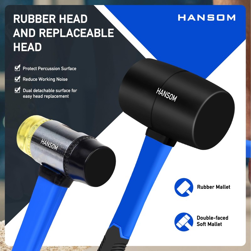 HANSOM 5-Pack Hammer Set,Rubber Mallet 32oz, Double-Faced Mallet 22oz,16oz Claw