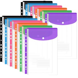 12 Pack Punched Pockets A4 Plastic Wallets Folders Wallets Plastic Document Files Popper Wallets with Button Closure and Label Pocket for Home, Office and School (12)