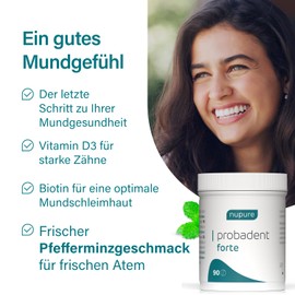 Nupure® Probadent Forte - Oral Microbiome Lozenges with 3 Lactic Acid Bacteria Strains, Vitamin D3 and Biotin, Peppermint Flavour, Fresh Breath and Oral Hygiene, Sugar-Free, 90 Lozenges