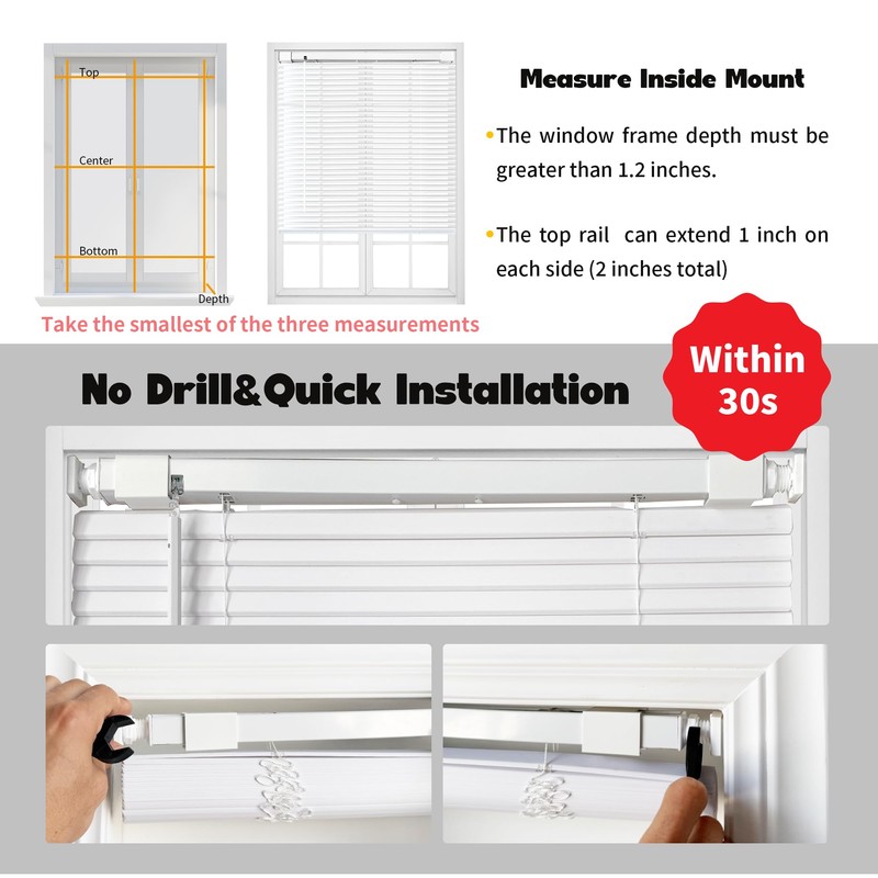 No Drill L-Shaped Vinyl Cordless Mini Blinds,White,23.5" Wx 36" H