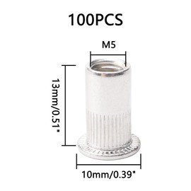 Rowiz 100 PCS M5 5mm Flat Head Aluminum Rivet Nut Blind Insert Nut Knurled Steel Head Nutserts Assortment with Internal Threads, Silver
