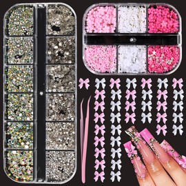 FSpronail Bow Nail Charms 3D Flowers for Nails Gems and Rhinestones Set AB Crystals Rinestone Nail Jewels for Nail Art Decoration with Tweezer