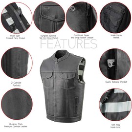 Milwaukee Leather MLM3507 Men's Old Glory Black Premium Leather Club Style Vest w/Grey Stitching Laced Armholes - 6X-Large